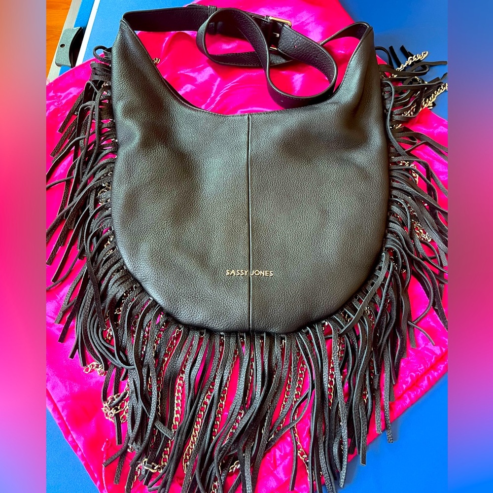 Sassy Jones Leather Dina Fringe Hobo Crossbody - Black
